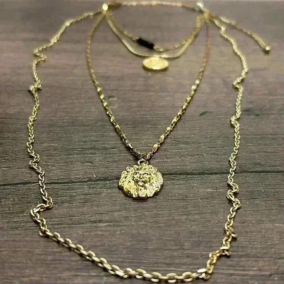Gold Tone Four Strand Coin and Lion Pendants Necklace - Picture 3 of 7